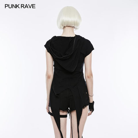 Fashion Slant Hat Mosaic Punk T-shirt Irregular Top