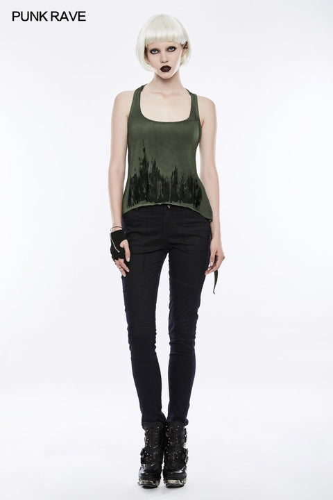 Printing Sexy Soft Punk Vest With Eyelet Drawstring