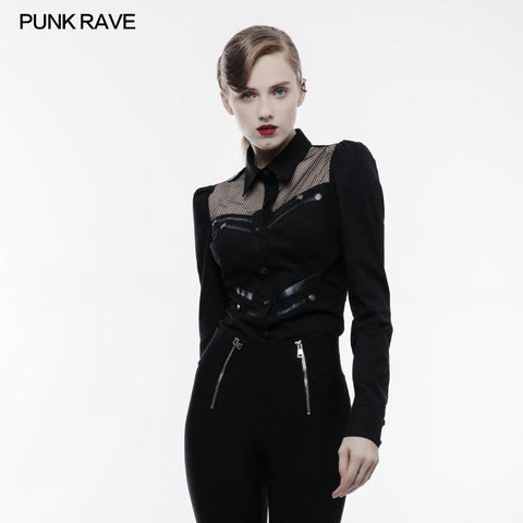 Elastic Military Punk Shirt With Hollow Out Wed Design