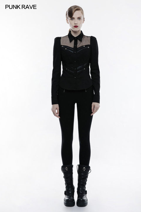 Elastic Military Punk Shirt With Hollow Out Wed Design