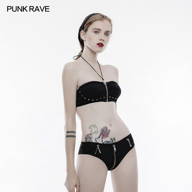 Personality Swimwear Punk Accessories Stretch Swimsuit Top With Detachable Straps