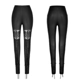 Elastic Gothic Pants Skull Embroidered Leather Leggings