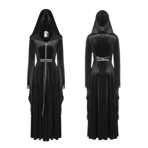Mysterious Velvet Hooded Gothic Coat With Independent Waist Loops
