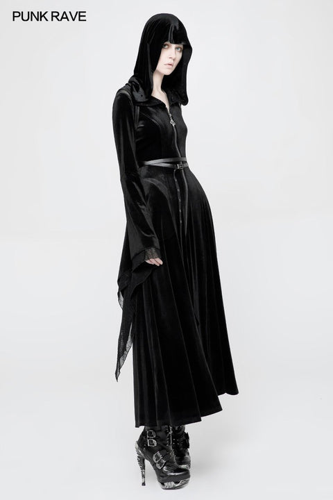 Mysterious Velvet Hooded Gothic Coat With Independent Waist Loops