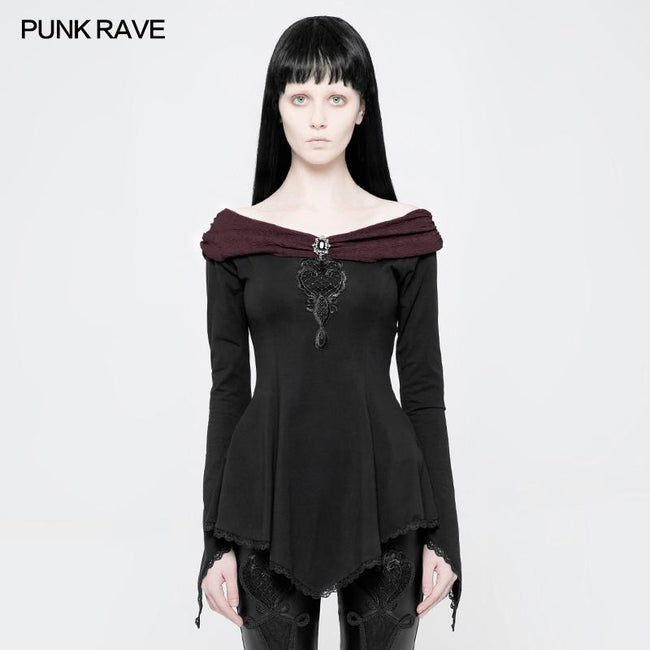 Women Retro Boat Neck Gothic T-shirt With Detachable Brooch
