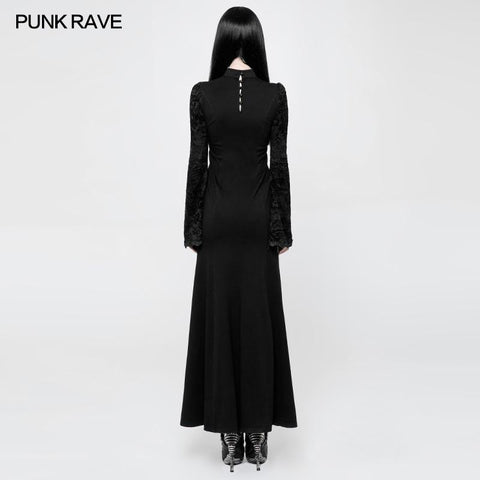 Exquisite Lace Knitted Gothic Dress With Front Semi-Transparent Stand Collar Design