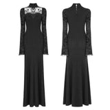 Exquisite Lace Knitted Gothic Dress With Front Semi-Transparent Stand Collar Design