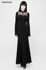 Exquisite Lace Knitted Gothic Dress With Front Semi-Transparent Stand Collar Design