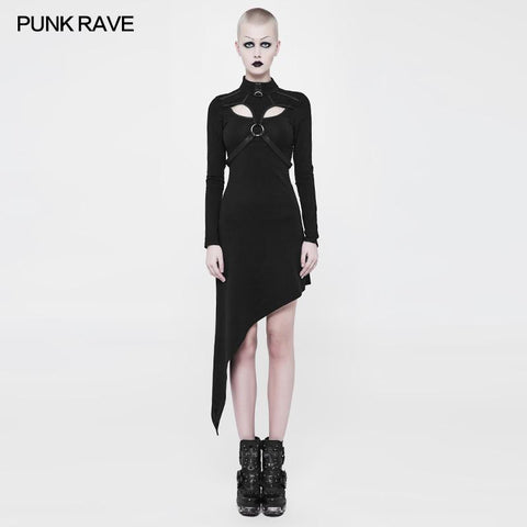 Asymmetrical Black Harness Design Knit Punk Dress