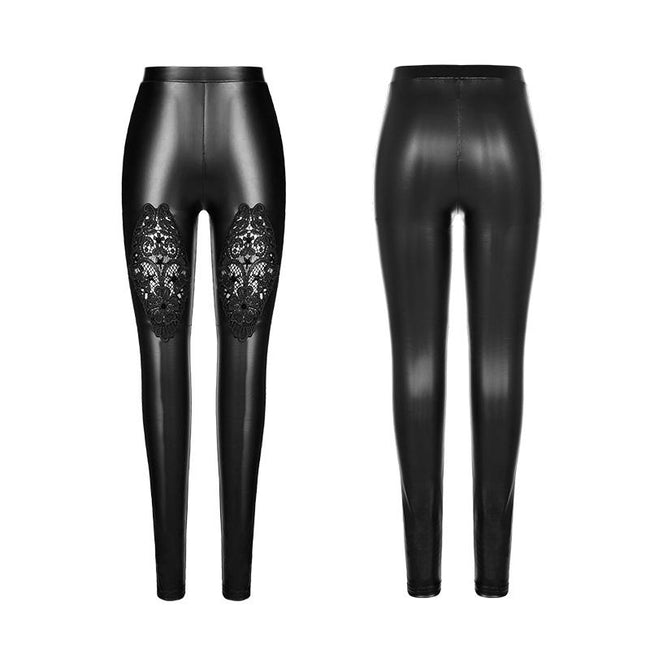 Stretch Glossy Leather Lace Positioning Flower Gothic Leggings