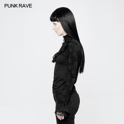 Black Lace Stand Collar Lolita T-Shirts For Women