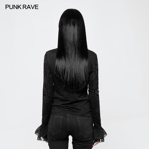 Black Lace Stand Collar Lolita T-Shirts For Women