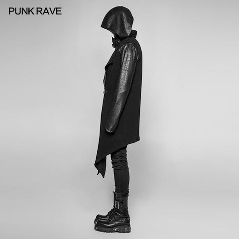 Dark Punk Leather Crack Knit Stitching Hooded Cardigan