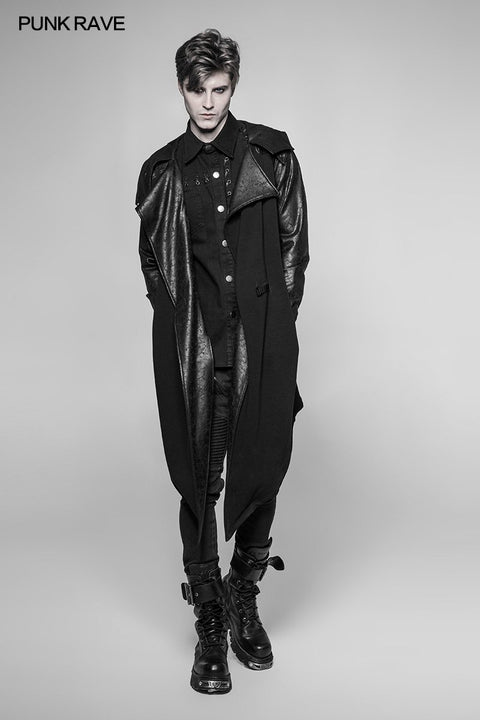 Dark Punk Leather Crack Knit Stitching Hooded Cardigan