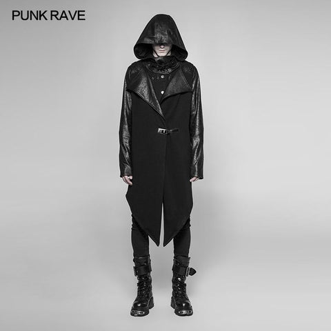 Dark Punk Leather Crack Knit Stitching Hooded Cardigan
