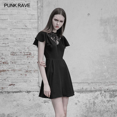 Elegant Lace Stitching Chiffon V-collar Gothic Dress
