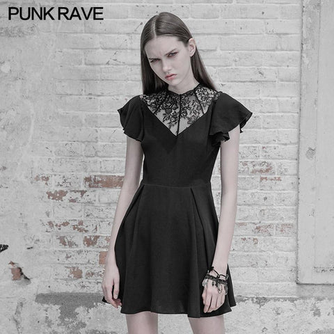 Elegant Lace Stitching Chiffon V-collar Gothic Dress