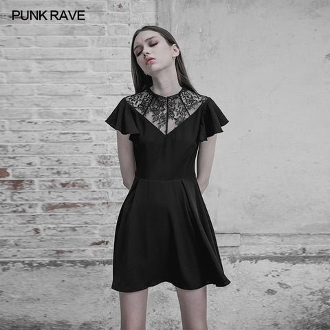 Elegant Lace Stitching Chiffon V-collar Gothic Dress