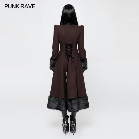 Gothic Black-Red Woolen Long Winter Coat Decorated With Imitation Fur
