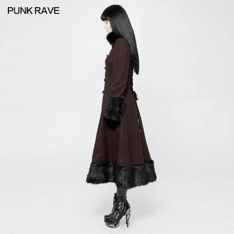 Gothic Black-Red Woolen Long Winter Coat Decorated With Imitation Fur