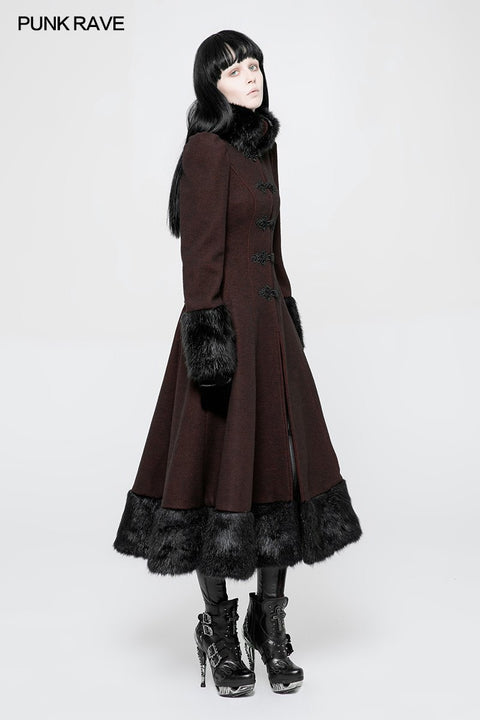 Gothic Black-Red Woolen Long Winter Coat Decorated With Imitation Fur