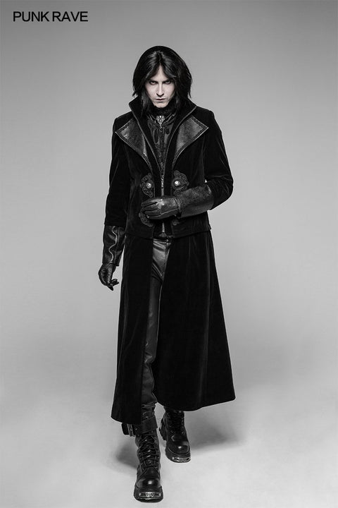 Gorgeous Velvet Long Punk Jacket Detachable Fake Two-Piece Coat For Men