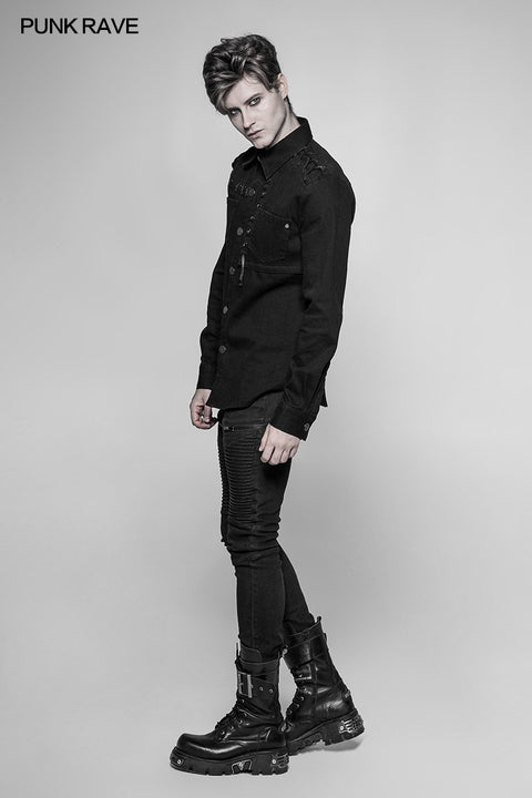 Men's Punk Tie Rope Personality Shirt With Double Pocket