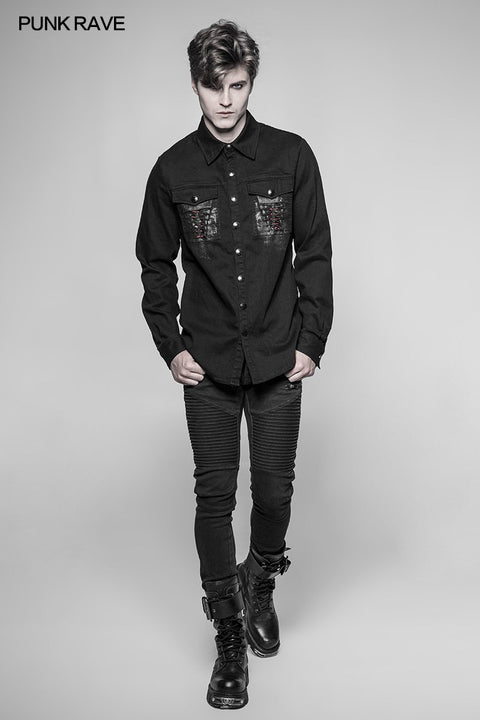Paladin Gothic Bloody Keel Denim Personality Shirt With Scratched Double Pockets