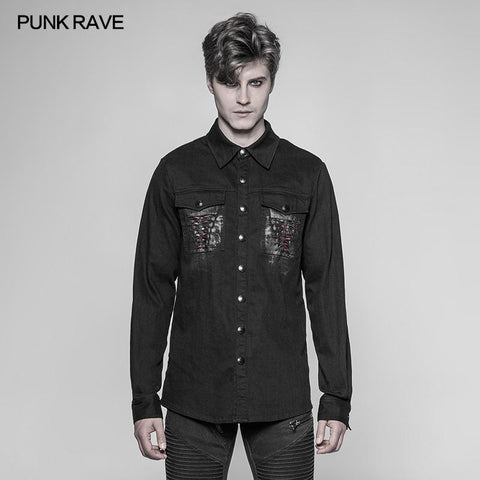 Paladin Gothic Bloody Keel Denim Personality Shirt With Scratched Double Pockets