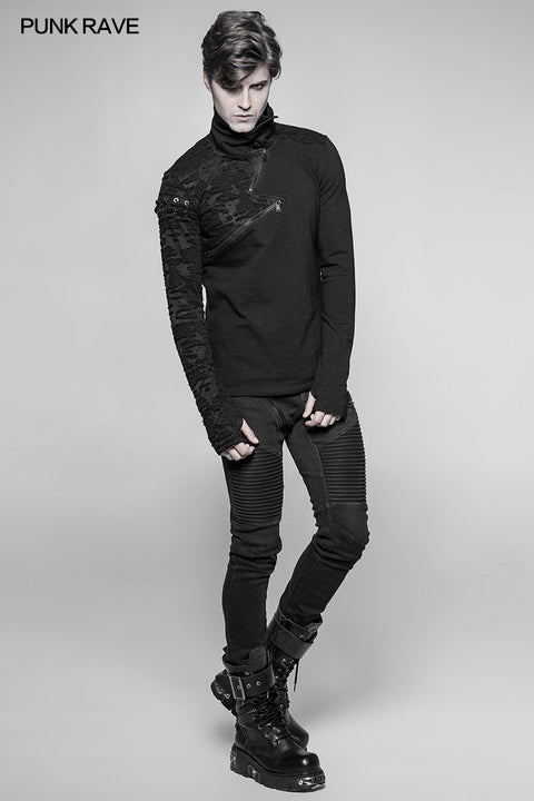 Decadent Punk S-shaped Zipper Knitting T-shirt Personality Mosaic High Collar Sweater