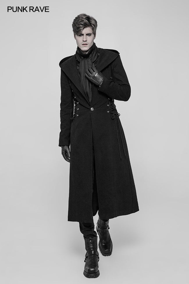 Gothic Dark Side Wear Rope Woolen Hooded Coat Long Jacket