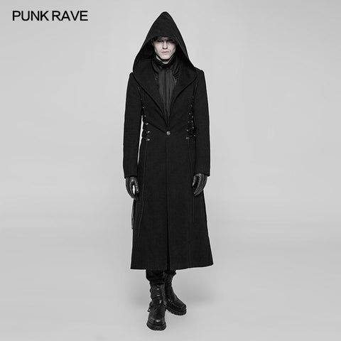 Gothic Dark Side Wear Rope Woolen Hooded Coat Long Jacket