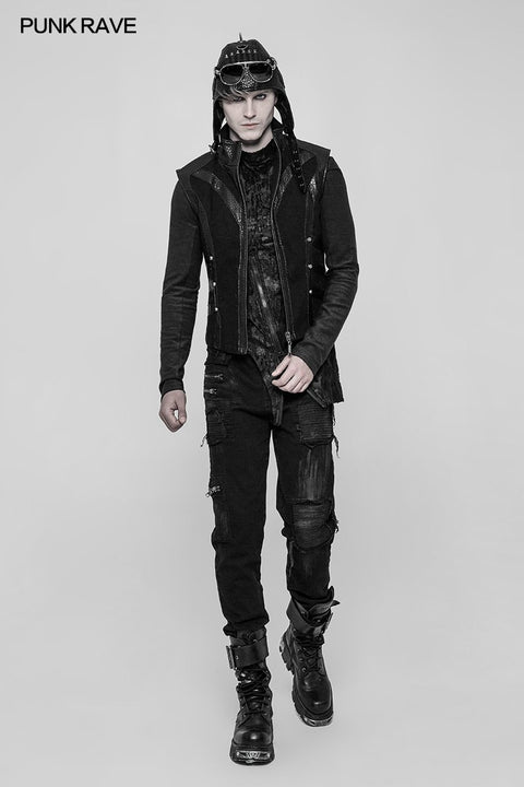 Men's Rough Leather Splicing Stand Collar Punk Vest