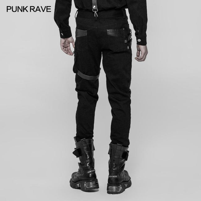 Personality Zipper Pocket Punk Pants Leather Splicing Trousers For Men