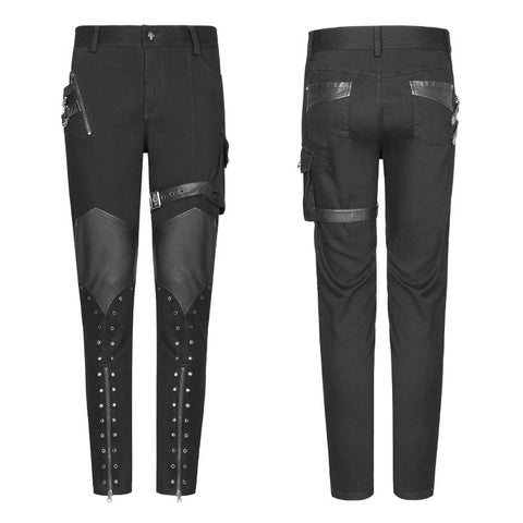 Personality Zipper Pocket Punk Pants Leather Splicing Trousers For Men