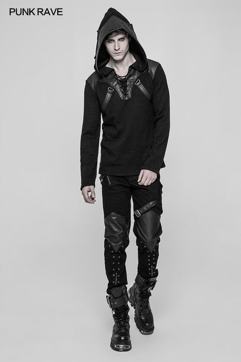 Personality Zipper Pocket Punk Pants Leather Splicing Trousers For Men