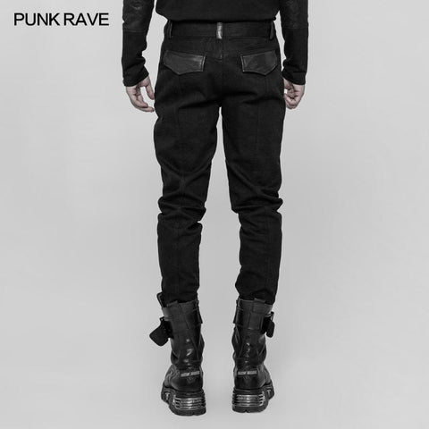 Men's Dark Punk Twill Denim Pants Leather Knee Armor Styling Trousers