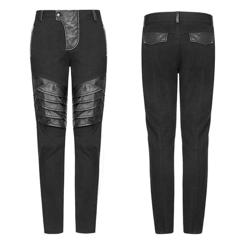 Men's Dark Punk Twill Denim Pants Leather Knee Armor Styling Trousers
