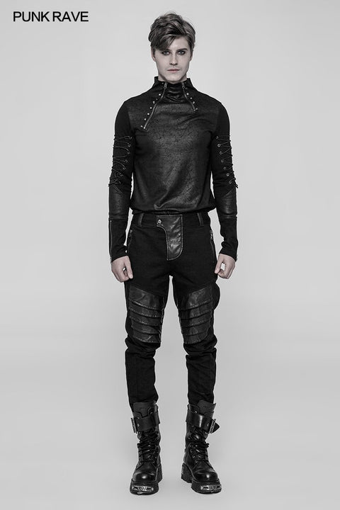 Men's Dark Punk Twill Denim Pants Leather Knee Armor Styling Trousers