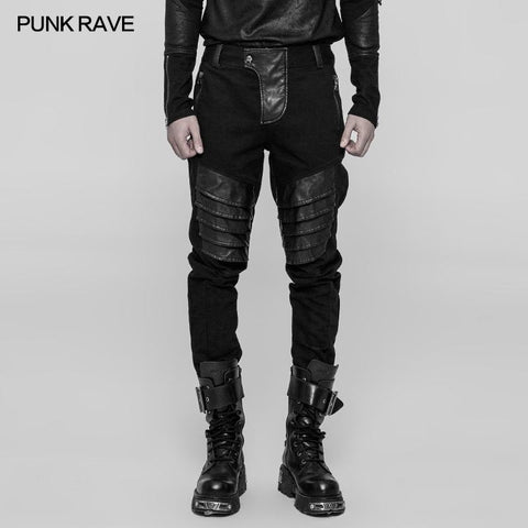 Men's Dark Punk Twill Denim Pants Leather Knee Armor Styling Trousers