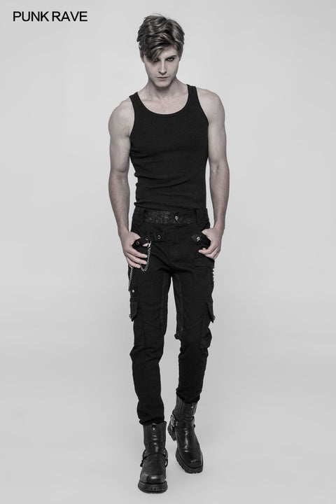 Men's Double Pocket Heavy Metal Punk Pants Floral Woven Waist Head Trousers