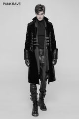 Men's Dark Stand Collar Velvet Coat With Leather Loops