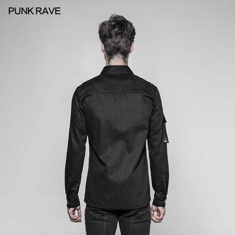 Men's Punk Heavy Woven And Shiny Leather Splicing Long Sleeve Shirt