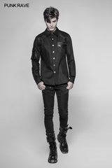 Men's Punk Heavy Woven And Shiny Leather Splicing Long Sleeve Shirt