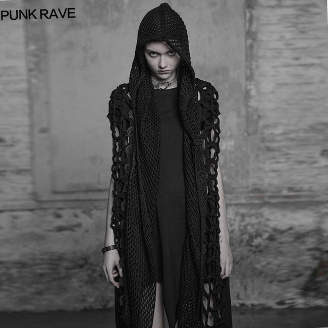 Dark Gothic Mesh Wool Knitting Hooded Scarf With Lace Decoration