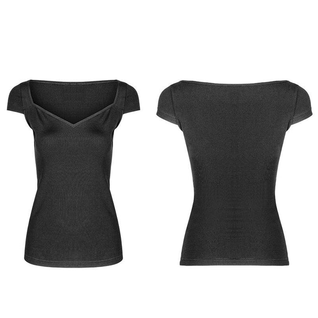 Women's Black Elastic Tight Knitting Punk T-shirt Slim-fitting Top