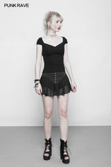 Women's Black Elastic Tight Knitting Punk T-shirt Slim-fitting Top