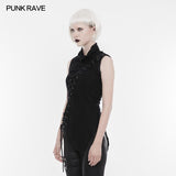 Personality Asymmetric High Collar Sleeveless Punk T-shirt Elastic Knitting Top With Front Wear Rope Design