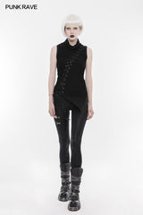 Personality Asymmetric High Collar Sleeveless Punk T-shirt Elastic Knitting Top With Front Wear Rope Design