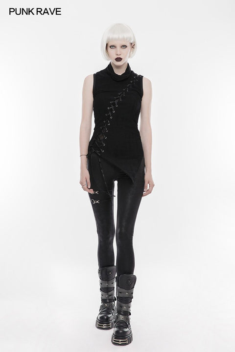 Personality Asymmetric High Collar Sleeveless Punk T-shirt Elastic Knitting Top With Front Wear Rope Design